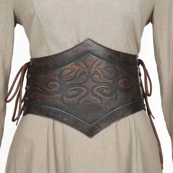 Women Brown Leather Corset Renaissance Belt Medieval Viking Belt Wide Cinch Belt - Picture 9 of 9